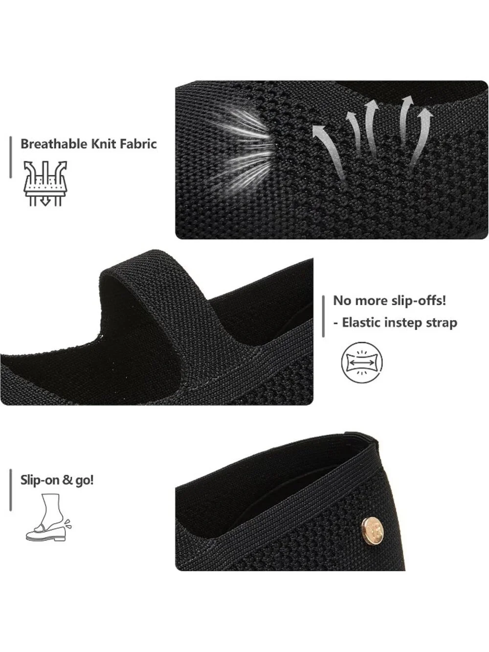 Women's Knit Black Micro Fiber Comfortable Round Toe Flats Slip on Casual Shoes